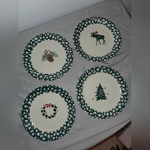 4 Folk Craft Holiday Pines Tienshan Dessert Xmas Plates Pine Cone Wreath Moose 8